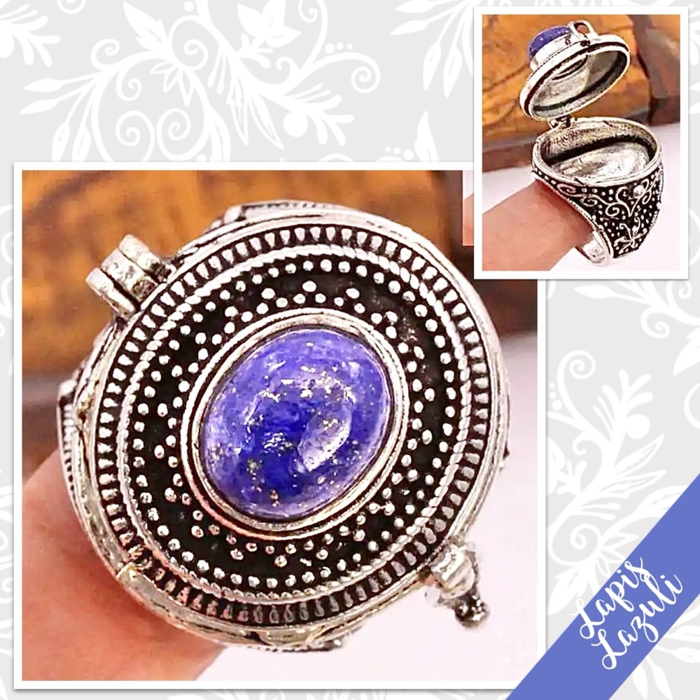 Lapis Lazuli Eclectic Silver Artisan Poison Ring, Size 6.75 (Royal Blue)